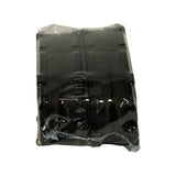 Rear face of the shrink-wrapped pad stack showing the ribbed backing plate profile of the outer pad through the plastic film.