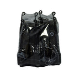 Rear view of the shrink-wrapped pad set showing the backing plates stacked, spring clips with looped ends protruding through the film, and the assembly presented as a single sealed bundle