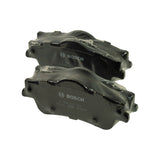 Pair of pads in their clear factory shrink-wrap, angled three-quarter view highlighting the two mounting ears/tabs and the Bosch-branded backing plate