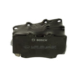 Angled view of the wrapped pad set from the backing-plate side showing BOSCH branding, E11 mark and part number mouldings, with ears and retaining tabs visible