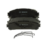 Two shrink-wrapped pads laid flat showing the Bosch roundel logo and 0 986 AB1 371 moulded into the black painted backing plate, with date/lot code 17415 586 BNA143. Set of four anti-rattle clip springs shown below.