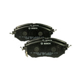 Top-down view of two pad pairs showing backing plates with Bosch logo, moulded code '0 986 AB2 393-KTG', production code '17701 25X BNA140', and 'MADE IN TAIWAN' text