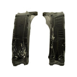 Edge-on profile view of two shrink-wrapped pads standing upright, showing approximate pad thickness (backing plate plus friction material) and chamfered leading/trailing edges