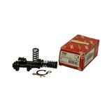 Contents laid out beside open box: two pistons with rubber cup seals pre-assembled, two coil return springs (one large, one small), one circlip/snap ring, and one cotter pin/R-clip. Box end visible with SP8400 part number label and internal stock code sticker.