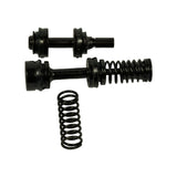 Three components arranged: two piston assemblies side by side (top) and one loose return spring below. Shows piston diameter differential and spring coil detail clearly. Angled view.