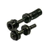Two piston assemblies in close-up angled view showing machined shaft and flange detail, rubber seal grooves, and spring coil winding visible. Smaller secondary piston at front with circlip groove visible on shaft.