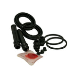Alternate angle of kit contents showing the same components from a slightly elevated position. Two elongated guide pin boots clearly visible alongside the two flat O-rings, the grease sachet, and the bleed nipple caps.