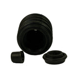 Bellows boot shown on its side, revealing open hollow bore at the large end. Small plug and flanged seal visible alongside. Confirms three-piece rubber kit construction.