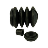 All three rubber components laid flat — bellows boot on its side showing four-lobe accordion profile, with small cylindrical end-cap and flanged seal below. Clear view of the boot's corrugated exterior form.