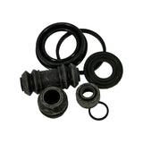 Kit contents laid out: one large piston dust seal (lip seal, lipped outward), one smaller dust seal, one large square-section piston hydraulic pressure seal, one small square-section pressure seal, one ribbed accordion-style rubber caliper guide pin boot (slide pin dust boot), and a small O-ring. All components black rubber.