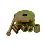 Three-quarter view of pulley face with keyway visible, accompanied by hex bolt, two cylindrical sleeves, and three spacer bushes of differing internal diameters