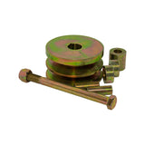 Rear three-quarter view of pulley showing keyway, with bolt and nut, two split shaft-reducing sleeves, and two threaded/bored spacer bushes laid alongside
