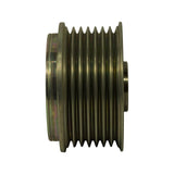 Side profile of pulley showing seven poly-V grooves running across the full belt face with raised flanges at each end