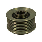 Three-quarter view emphasising the seven-groove serpentine belt face and the protruding spline cup boss