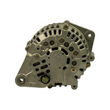 Rear-end view showing slip-ring end housing with six brush screws, central bore, 'BAT' and terminal studs, and a Nissan casting mark embossed into the alloy housing. Multiple M6 through-bolts visible.