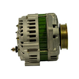 Left-side profile showing drive-end housing with lower mounting lug and rear terminal block. Serpentine pulley visible at right. Internal-fan housing with ventilation slots front and rear.