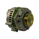 Three-quarter rear-right view showing slip-ring end housing, regulator/brush holder block at top, BAT terminal stud, and phase/sense terminals. Green stator windings visible through ventilation slots.