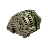 Three-quarter front-right view showing drive-end housing with dual upper mounting ears and lower lug, 6-groove pulley, and Nissan casting mark visible on slip-ring end housing in background.