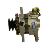 Side profile of alternator showing full body length; double-groove black pulley at right, OEX 'Brand New Unit / NXA604 / MAC' sticker centred on housing; yellow rectangular regulator connector at upper left; B+ terminal stud and spade terminals visible; protective banding consistent with NOS presentation.