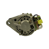 Rear drive-end housing view showing ventilation slot pattern around the perimeter; two unthreaded mounting ear holes visible; yellow regulator connector at right with wiring pigtail; brush holder/regulator assembly at far right; die-cast aluminium rear housing.
