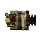 Rear-facing view showing regulator/brush holder assembly at left with yellow connector and three wiring leads; double-groove pulley at right with external fan blades behind; OEX label partially visible at top.