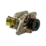 Three-quarter rear-pulley view; OEX label visible on body; yellow regulator connector and wiring at left; external fan blades between pulley and front housing; unthreaded adjusting/pivot mounting ears on front bracket; B+ terminal stud visible.