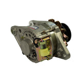 Three-quarter front view from drive-end side; OEX 'Brand New Unit / NXA604 / MAC' label visible; cast aluminium front housing with ventilation holes; yellow regulator connector prominent; double-groove solid pulley at right edge.