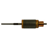 Profile/side view of armature showing full length of shaft, spline section near the laminated core body, and copper commutator segments at the right end. Condition appears unused and clean.
