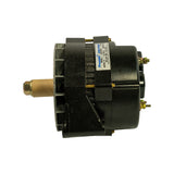 Rear-side view showing the black cast iron rear housing with integral voltage regulator housing, output terminal studs with gold hardware, and the main Prestolite/Leece-Neville data label reading MODEL 8LHA3161U, AMPS 110, VOLTS 24, DATE 201108, SALES NO 110-550.