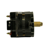 Side profile of the assembled alternator showing the stator housing fins, external fan, drive end with spool shaft, terminal side with integral regulator box and output stud cluster, and a small connector marked 'I'.