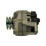 Side profile view showing full alternator body. Double-groove pulley on left, open rear fan and stator end-frame on right. Twin L-bracket mounting ears visible on housing. Black plastic regulator/brush-holder end cap at right. No corrosion or damage evident.