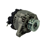 Opposite 3/4 view, pulley-end angled. Double-groove V-belt pulley clearly shown face-on with centre bearing visible. Rear B+ stud and plug connector visible at left. Aluminium housing fins and twin L-mount visible.