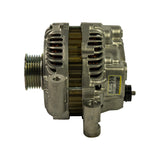 Alternator unit, pulley-side profile view. Full 6-groove pulley clearly visible. Yellow label on rear housing legible: '92173', '959', 'A003TG40912312', '12V120A'. Small black electrical connector (single small terminal, RP120-style plug) visible at right rear. Regulator cover with heat sink fins at right.