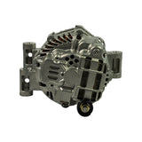 Alternator unit, rear/drive-end view showing pad mount with two lug ears and elongated mounting holes, internal fan visible through rear vents, B+ output stud terminal at lower centre.