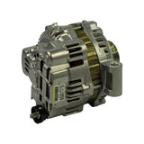 Alternator unit, three-quarter rear view. Same yellow label visible in reverse showing '92173959', 'A003TG40912312', '12V120A'. B+ stud terminal with black insulating sleeve at lower left. Clean, unused copper windings visible through vents.