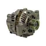 Alternator unit, pulley-end three-quarter view showing front housing, 6-groove pulley with overrunning alternator pulley (OAP/decoupler-style), mounting lug at upper right, and yellow label at left.