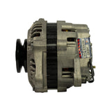 Side profile view showing full stator/rotor stack height, black pulley at left, rear housing with regulator connector at right. OEX label on rear casing reads 'Brand New Unit / MXA259 / DKBY'. Rear B+ terminal stud visible bottom right with wiring lead attached.