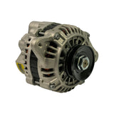 Drive-end three-quarter view showing single-groove V-belt pulley (black anodised finish) with hex nut, cast aluminium front housing with ventilation slots, copper stator windings visible, yellow specification sticker on rear housing, and lower mounting pivot bush.