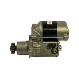 Right-side profile view showing the solenoid with yellow connector tab and copper B+ terminal stud, the gear reduction housing in the centre, and the drive pinion to the left. LRS1589 sticker visible on motor body.