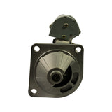 Drive-end (nose) view showing square 4-bolt mounting flange face-on. Pinion at rest inside nose cone opening. Solenoid body visible at top. 4 mounting holes in square pattern clearly visible.