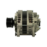 Side profile of alternator body showing pulley end at left and slip-ring/regulator end at right. Copper windings visible through ventilation openings. Twin mounting legs visible bottom with hardware fitted. Black anodised pulley with 7-groove profile.