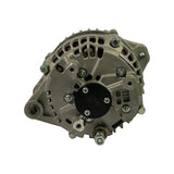 Rear (slip-ring) end of alternator. Circular black plastic regulator/brush cover secured with five screws at centre. Multiple terminals and studs visible around perimeter. Small OEX branded sticker partially visible upper-right.