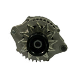 Pulley-end face-on view. Black 7-groove poly-V pulley at centre. Cast aluminium front bracket with internal cooling fan fins visible through housing openings. Three mounting ear positions visible at outer edges with hex-head bolts.