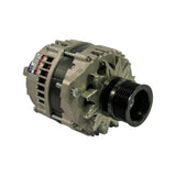 Three-quarter rear-left view with blue and red OEX label clearly visible on housing, reading 'HXA064 / Brand New Unit / DMAP / OEX'. Seven-groove black poly-V pulley at right. Regulator cover and terminal block visible at left.