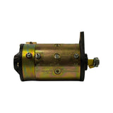 Side profile opposite the main label, showing four small field-coil terminal posts on mid-body band and yellow-tipped shaft with output stud. Engraved or stamped markings on case surface partially legible (appears to include '30', 'D-', 'DF').
