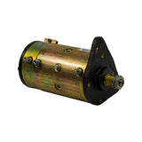 Three-quarter rear-right isometric view highlighting the black rear end-cap with commutator housing, main output terminal stud at right, and EFFA label on body. Gold zinc-plated body finish with light surface patina.