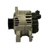 Left side profile of alternator showing 6-groove poly-V pulley, mid-split cast aluminium housings, rear black plastic regulator end with small connector block visible at upper right.