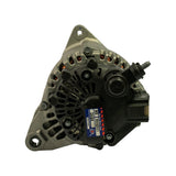 Rear/brush-end view of alternator with OEX blue warranty label affixed to regulator housing reading 'Brand New Unit / MX / DNBK / MXA2031 / OEX'. 'Valeo' casting mark visible on lower right of rear housing. Three mounting bolt holes visible on triangular bracket frame.