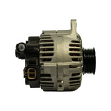 Right side profile of alternator showing 6-groove pulley at right, open stator vents with copper windings, tan/beige 2-pin connector plug at lower left, threaded output terminal stud at upper left, and lower mounting foot.