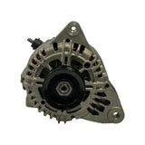 Front/pulley-face view showing full 6-groove poly-V pulley with internal fan visible through hub, triangular mounting bracket outline with two upper and one lower lug, and 'Valeo' casting mark on lower right housing face.